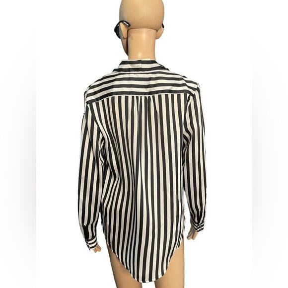 Apt 9 Silky Blouse Womens S Black White Striped Long Sleeve Deep V Formal Classy - Picture 2 of 12